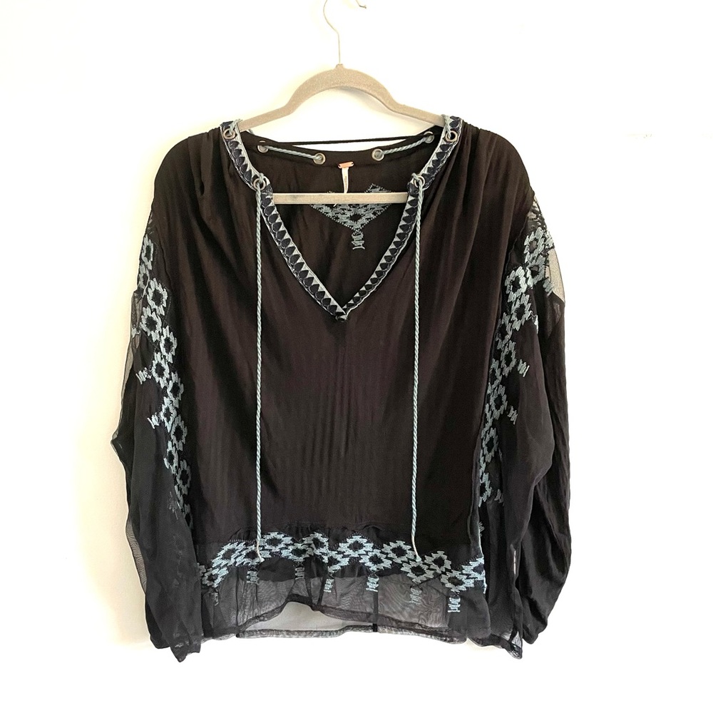 Free People Bohemian Embroidered Top With Sheer Shoulders - Picture 2 of 11